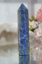 Load image into Gallery viewer, Lapis Lazuli with Pyrite Crystal Point Tower Stone.  

INSPIRES HARMONY, WISDOM &amp; PSYCHIC PROTECTION

Lovely Lapis Lazuli crystal point tower with gorgeous Pyrite inclusions. 
