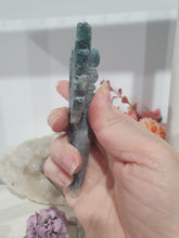 Load image into Gallery viewer, Stunning Moss Agate Dagger with Angel Wings Crystal Carving Stone on Silver Stand. Tranquility and Grounding Energy 
