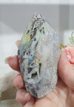 Load image into Gallery viewer, Titanium Aura Sphalerite Flame Tower Druzy Crystal Cluster

PROMOTES PSYCHIC DEVELOPMENT AND UPLIFTS

Titanium Aura Sphalerite Crystal Flame Crystal Cluster.  The Druzy is lovely on the flame!. 
