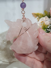 Load image into Gallery viewer, "RAINBOW UNICORN" Rose Quartz Unicorn Crystal Carving Stone Rose Gold wired Crystal Energy Enhancer© Hanger Ornament Suncatcher 200mm | Inspires purity, Love. Spirituality
