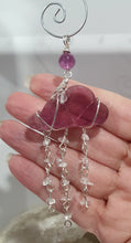 Load image into Gallery viewer, Lovely "EVERY CLOUD HAS A SILVER LINING" Fluorite Cloud silver wired Crystal Energy Enhancer© Hanger Ornament Suncatcher.

From Darkness comes Light. 

TRANSFORMATION / INTUITION / SPIRITUALITY

Beautiful Fluorite Cloud Crystal Carving beaded with Fluorite &amp; Quartz.  wired in Silver
