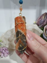 Load image into Gallery viewer, WAND OF EMPOWERMENT Sunstone Crystal Tower Stone Gold Wired Crystal Energy Enhancer© Hanger Ornament Suncatcher.  Crystal Suncatcher. Inspires Courage, Joy &amp; Knowledge
