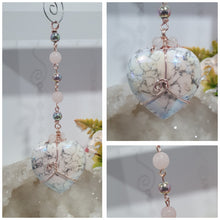 Load image into Gallery viewer, HEART OF A UNICORN" Aura Howlite Heart Stone Rose Gold Crystal Energy Enhancer© Hanger Ornament Suncatcher

INSPIRES MAGICK AND LOVE

Gorgeous Aura Howlite Heart beaded with Rose Quartz, Rainbow Hematite and Quartz. Wired in Rose Gold
