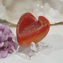 Load image into Gallery viewer, Stunning Carnelian Heart Crystal Carving on Stand.  Inspires Sensuality and Self Confidence. Fantastic Druzy
