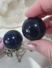 Load image into Gallery viewer, Beautiful Blue Sandstone Sphere Crystal Carving on Silver Stand in the shape of an ant. This is so lovely and sparkly.
