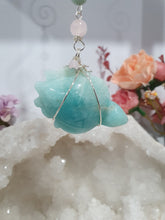 Load image into Gallery viewer, The Guardian of Good Fortune Amazonite Turtle Crystal Energy Enhancer Suncatcher Hanger Ornament. Beaded with amazonite and rose quartz and wired in gold. 
