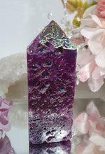 Load image into Gallery viewer, Titanium Aura Sphalerite Tower Point Stone 70mm

Inspires Spiritual Development and Uplifts 

Lovely Titanium Aura Sphalerite crystal point tower. 


