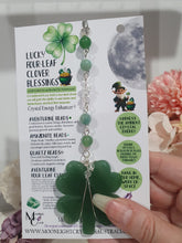 Load image into Gallery viewer, LUCKY FOUR-LEAF CLOVER BLESSINGS" Handcrafted Aventurine Crystal Carving Silver Stone Crystal Energy Enhancer© / Hanger / Ornament / Suncatcher 

Promotes GOOD FORTUNE | HOPE | MAGIC | PROTECTION

A four-leaf clover Symbolises good luck and abundance. It is believed if you hold a four-leaf clover you will gain the ability to see fairies and leprechauns and find their treasures. 

Beautiful Aventurine four-leaf clover crystal carving beaded with Amazonite, Aventurine and Quartz. Wire wrapped in Silver. 


