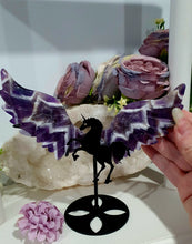 Load image into Gallery viewer, Beautiful polished Crystal Chevron Amethyst Pegasus Wings on stand. Inspiring Intuition and Spirituality
