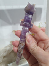 Load image into Gallery viewer, SECONDS STOCK  - Athame Dagger Amethyst Chevron Crystal Carving Stone

INSPIIRES INTUITION AND SPIRITUALITY

this has a misshapen tip 

Lovely Amethyst Chevon Athame (Dagger) Crystal Carving Stone. The very tip is just a little misshapen  

