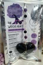 Load image into Gallery viewer, THE WITCHES HEART" Handcrafted Obsidian Heart Crystal Carving Stone Silver Crystal Energy Enhancer© Hanger Ornament Suncatcher 

INSPIRES MAGIC, INTUITION AND PROTECTION

Gorgeous Obsidian heart crystal carving stone beaded with Black Obsidian, Amethyst and Herkimer Diamonds. Wire wrapped in silver
