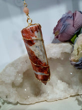 Load image into Gallery viewer, Beautiful Sunstone crystal tower beaded with apatite, sunstone and quartz suncatcher. inspires courage, joy and knowledge. Beautiful gift for any crystal lover. Hang in your room or space. 

