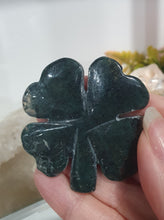 Load image into Gallery viewer, Four Leaf Clover Moss Agate Crystal Carving Stone. Inspires tranquility and grounding.

THIS ITEM IS SCRATCHED AND SCUFFED.
