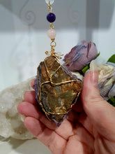 Load image into Gallery viewer, THE SEER AMULET - handcrafted Amethyst Cluster gold Crystal Energy Enhancer© Hanger Ornament Suncatcher Perfect gift for any crystal lover. Suncatchers Australia
