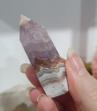 Load image into Gallery viewer, Amethyst Agate Tower Crystal Stone. This one is so prety. Just has a broken tip.  


