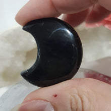 Load image into Gallery viewer, Moon Crescent Black Obsidian Crystal Carving 30mm 5 GOLDEN SHEEN
