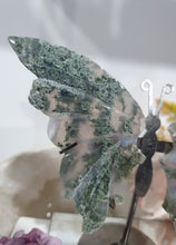 Load image into Gallery viewer, Moss Agate Butterfly Wings Crystal Carving Stone on Stand.

INSPRIES GROUNDING AND CONNECTION TO EARTH

Beautiful Moss Agate Stone Butterfly Wings Crystal Carving Stone on stand. Such lovely patterns.     
