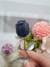 Load image into Gallery viewer, Rose Flower Sodalite Crystal Carving with silver stem.

Promotes Emotional Balance

Sodalite Flower / Rose Crystal Carving with silver stem and leaves.
