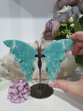 Load image into Gallery viewer, Amazonite Butterfly Wings Crystal Carving on Stand.  Inspires Hope &amp; Disperses Fear
