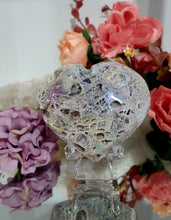 Load image into Gallery viewer, Gorgeous Titanium Aura Sphalerite Heart Crystal Carving Stone on plastic Stand. Aids in psychic energy, Uplifts and balances
