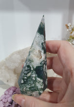 Load image into Gallery viewer, Moss Agate Crystal Tower Point Pinnacle Stone

INSPIRES GROUNDING AND CONNECTION TO EARTH

Lovely Moss Agate Crystal Pinnacle Point Tower Stone. 
