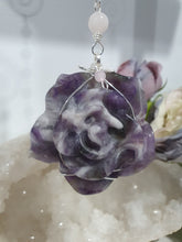 Load image into Gallery viewer, THE INTUITIVE ROSE Amethyst Carving silver Crystal Energy Enhancer© Hanger Ornament Suncatcher. Inspires Intuition, Love &amp; Magic. Crystal Suncatchers
