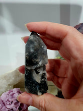 Load image into Gallery viewer, Black Sphalerite Crystal Point Tower Stone. Inspires Stability and Personal Growth. lovely and sparkly
