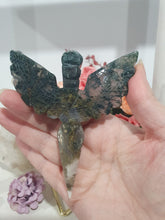 Load image into Gallery viewer, Stunning Moss Agate Dagger with Angel Wings Crystal Carving Stone on Gold Stand. Tranquility and Grounding Energy 
