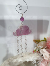Load image into Gallery viewer, Lovely "EVERY CLOUD HAS A SILVER LINING" Fluorite Cloud silver wired Crystal Energy Enhancer© Hanger Ornament Suncatcher.

From Darkness comes Light. 

TRANSFORMATION / INTUITION / SPIRITUALITY

Beautiful Fluorite Cloud Crystal Carving beaded with Fluorite &amp; Quartz.  wired in Silver
