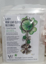 Load image into Gallery viewer, LUCKY FOUR LEAF CLOVER BLESSINGS" Metal Clover with Aventurine Beads Crystal Keyring 

Choose from Gold of Silver medal colour.

INSPIRES ABUNDANCE AND GOOD FORTUNE
