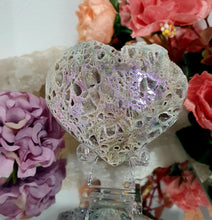 Load image into Gallery viewer, Gorgeous Titanium Aura Sphalerite Heart Crystal Carving Stone on plastic Stand. Aids in psychic energy, Uplifts and balances
