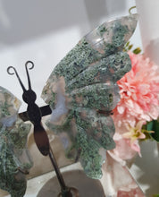 Load image into Gallery viewer, Moss Agate Butterfly Wings Crystal Carving Stone on Stand.

INSPRIES GROUNDING AND CONNECTION TO EARTH

Beautiful Moss Agate Stone Butterfly Wings Crystal Carving Stone on stand. Such lovely patterns.     
