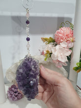 Load image into Gallery viewer, THE SEER AMULET - handcrafted Amethyst Cluster silver Crystal Energy Enhancer© Hanger Ornament Suncatcher

INTUITION / SPIRITUALITY / TRUST

Gorgeous Large Amethyst Cluster beaded with Amethyst, quartz and rose quartz. Wired in Silver

