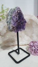 Load image into Gallery viewer, Gorgeous Amethyst Crystal Cluster Stone On stand. So sparkly and great display piece. 
