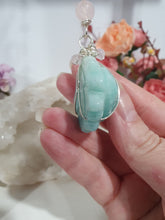 Load image into Gallery viewer, The Guardian of Good Fortune Amazonite Turtle Crystal Energy Enhancer Suncatcher Hanger Ornament. Beaded with amazonite and rose quartz and wired in gold. 
