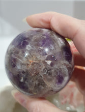 Load image into Gallery viewer, Amethyst Chevron Sphere Crystal Carving Stone on Gold Stand

Inspires INTUITION AND SPIRITUALITY

Lovely Amethyst Crystal Sphere on gold stand.  Gorgeous colouring.  
