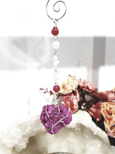 Load image into Gallery viewer, RADIANT RUBY - SENSUALITY / SELF LOVE / SPIRITUALITY - Ruby Rough Silver Wired Crystal Energy Enhancer / Hanger / Ornament / Sun Catcher 170mm EE79
