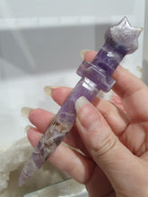 Load image into Gallery viewer, SECONDS STOCK  - Athame Dagger Amethyst Chevron Crystal Carving Stone

INSPIIRES INTUITION AND SPIRITUALITY

this has a misshapen tip 

Lovely Amethyst Chevon Athame (Dagger) Crystal Carving Stone. The very tip is just a little misshapen  

