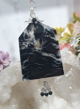 Load image into Gallery viewer, "LIGHT THROUGH DARKNESS" Black Agate Tower Crystal Carving Stone Silver Crystal Energy Enhancer© Gemstone / Hanger / Suncatcher / Ornament 200mm | Inspires Strength, Courage &amp; Clarity
