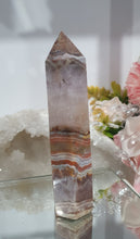 Load image into Gallery viewer, SECONDS STOCK - Amethyst Agate Crystal Point Tower Stone

THIS POINT IS A TAD WOBBLY

INSPIRES INTUITION AND WELLBEING

Amethyst Agate Tower Crystal Stone. is a little wobbly.  


