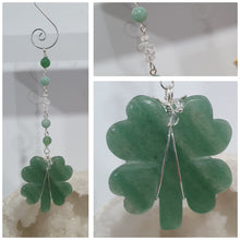 Load image into Gallery viewer, LUCKY FOUR-LEAF CLOVER BLESSINGS" Handcrafted Aventurine Crystal Carving Silver Stone Crystal Energy Enhancer© / Hanger / Ornament / Suncatcher 

Promotes GOOD FORTUNE | HOPE | MAGIC | PROTECTION

A four-leaf clover Symbolises good luck and abundance. It is believed if you hold a four-leaf clover you will gain the ability to see fairies and leprechauns and find their treasures. 

Beautiful Aventurine four-leaf clover crystal carving beaded with Amazonite, Aventurine and Quartz. Wire wrapped in Silver. 


