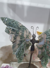 Load image into Gallery viewer, Moss Agate Butterfly Wings Crystal Carving Stone on Stand.

INSPRIES GROUNDING AND CONNECTION TO EARTH

Beautiful Moss Agate Stone Butterfly Wings Crystal Carving Stone on stand. Such lovely patterns.     
