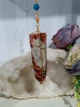 Load image into Gallery viewer, Beautiful Sunstone crystal tower beaded with apatite, sunstone and quartz suncatcher. inspires courage, joy and knowledge. Beautiful gift for any crystal lover. Hang in your room or space. 
