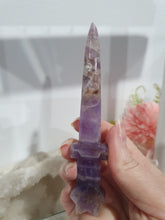 Load image into Gallery viewer, SECONDS STOCK  - Athame Dagger Amethyst Chevron Crystal Carving Stone

INSPIIRES INTUITION AND SPIRITUALITY

this has a misshapen tip 

Lovely Amethyst Chevon Athame (Dagger) Crystal Carving Stone. The very tip is just a little misshapen  

