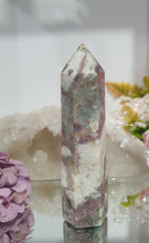 Load image into Gallery viewer, Pink Tourmaline in Quartz Crystal Point Tower Stone.

STONE OF SELF LOVE &amp; COMPASSION

Lovely Pink Tourmaline in Quartz point tower. Lovely pockets of Pink Tourmaline. 


