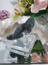 Load image into Gallery viewer, Butterfly Moss Agate Crystal Carving Stone on Stand. Inspires tranquility and grounding.

Beautiful polished Moss Agate Butterfly Crystal Carving on plastic stand
