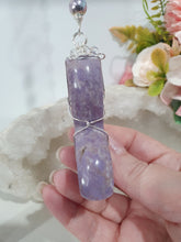 Load image into Gallery viewer, "MERMAID TALES" Lavender Jade Mermaid Tail silver Crystal Energy Enhancer© Hanger Ornament Suncatcher.
Inspires Enchantment, Freedom and Balance. 
Gorgeous Lavender Jade Mermaid Tail Crystal Carving beaded with Amethyst, Rose Quartz, Rhodochrosite, Amazonite, Rainbow Hematite and Quartz. Wire wrapped in silver

