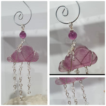Load image into Gallery viewer, Lovely "EVERY CLOUD HAS A SILVER LINING" Fluorite Cloud silver wired Crystal Energy Enhancer© Hanger Ornament Suncatcher.

From Darkness comes Light. 

TRANSFORMATION / INTUITION / SPIRITUALITY

Beautiful Fluorite Cloud Crystal Carving beaded with Fluorite &amp; Quartz.  wired in Silver

