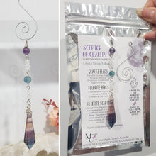 Load image into Gallery viewer, SCEPTOR OF CLARITY - Fluorite Sceptor Silver Wired Crystal Energy Enhancer© / Hanger / Ornament / Sun Catcher 170mm EE78

