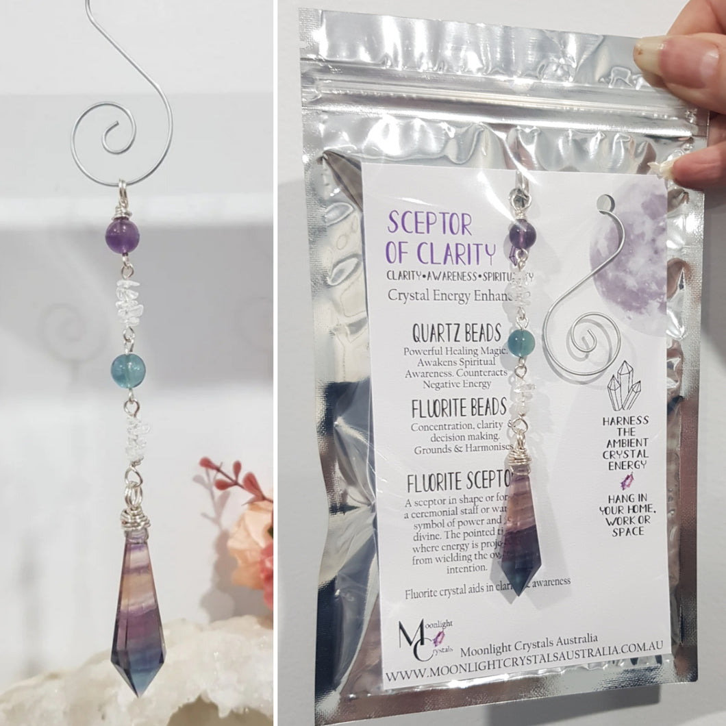 SCEPTOR OF CLARITY - Fluorite Sceptor Silver Wired Crystal Energy Enhancer© / Hanger / Ornament / Sun Catcher 170mm EE78